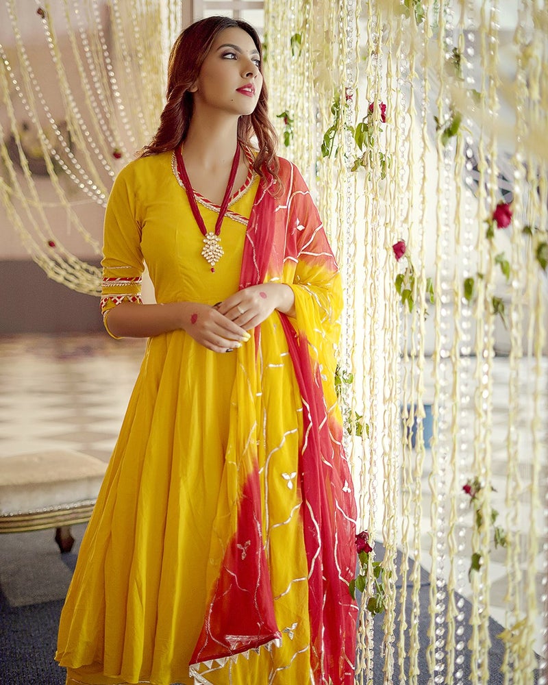 Ethnic Yellow Kurti Pant Dupatta Set Anarkali Design Festival Wedding Wear Dress