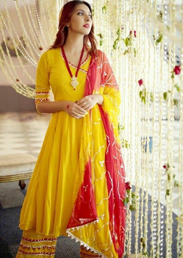 Ethnic Yellow Kurti Pant Dupatta Set Anarkali Design Festival Wedding Wear Dress
