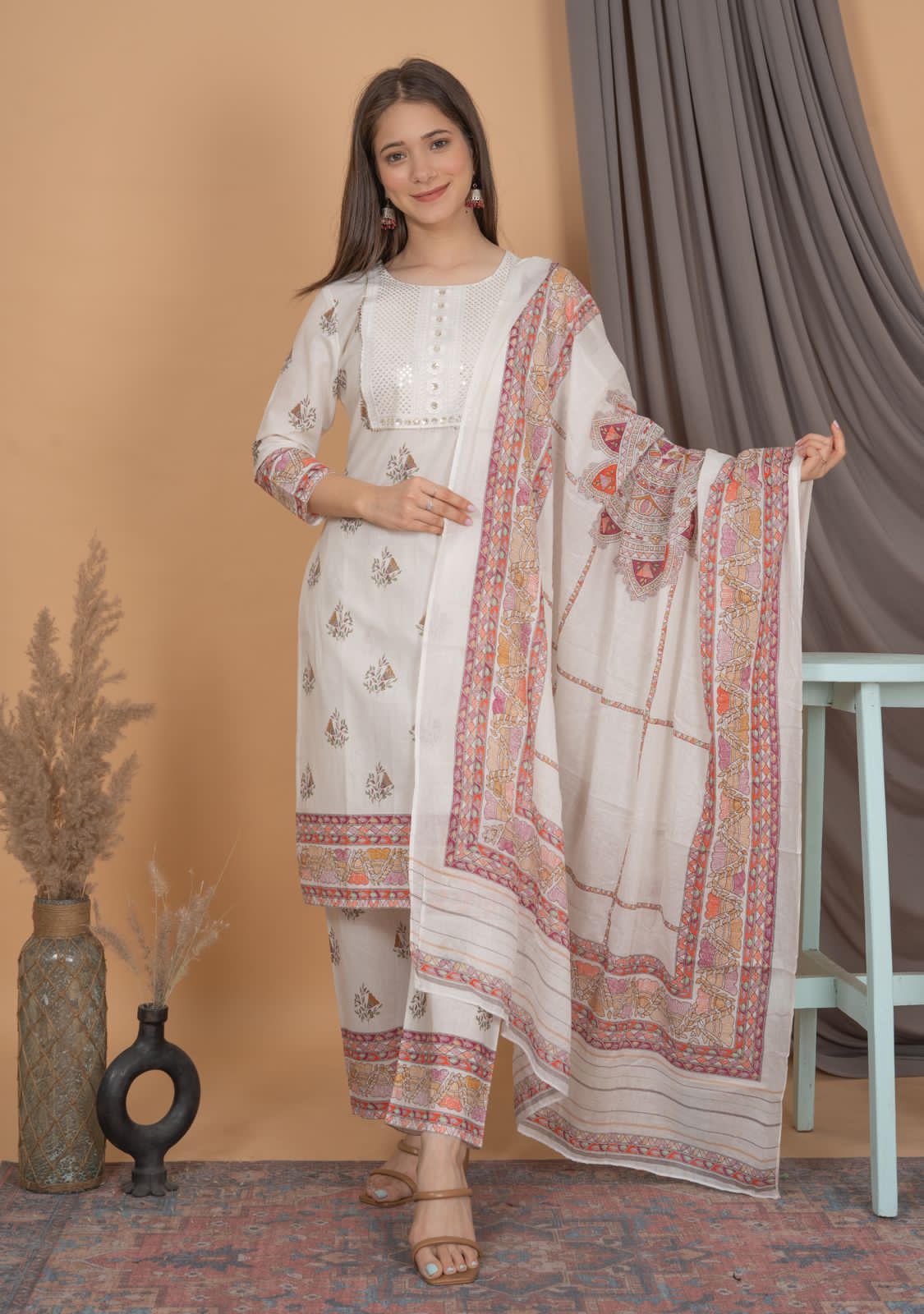 White Cotton Sequence Embroidery Salwar Kameez Ethnic Kurti Pant Dupatta Suit Set