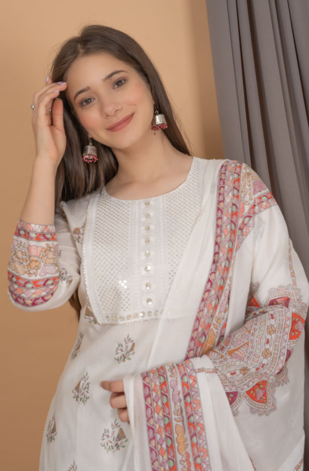 White Cotton Sequence Embroidery Salwar Kameez Ethnic Kurti Pant Dupatta Suit Set