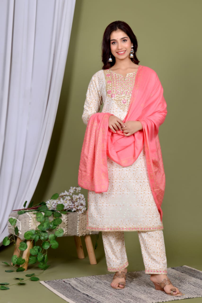 Ivory Indian Pakistani Readymade Salwar Kameez Dupatta Kurti Pant Set Ethnic Embroidered Dress