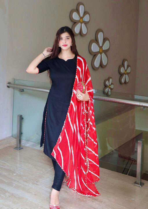 Fashion Black Ruby Slub Printed Kurti With Stylish Pant  Bhadar
