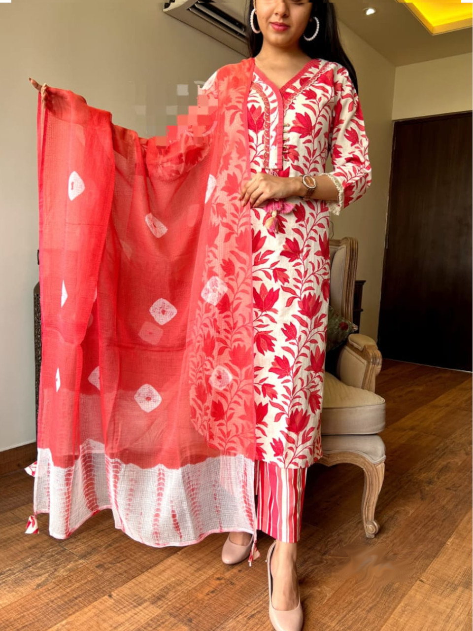 Cotton Floral Block Printed Readymade Kurta Set with Tie Die Dupatta Salwar Kameez Suit Kurti Pant Set