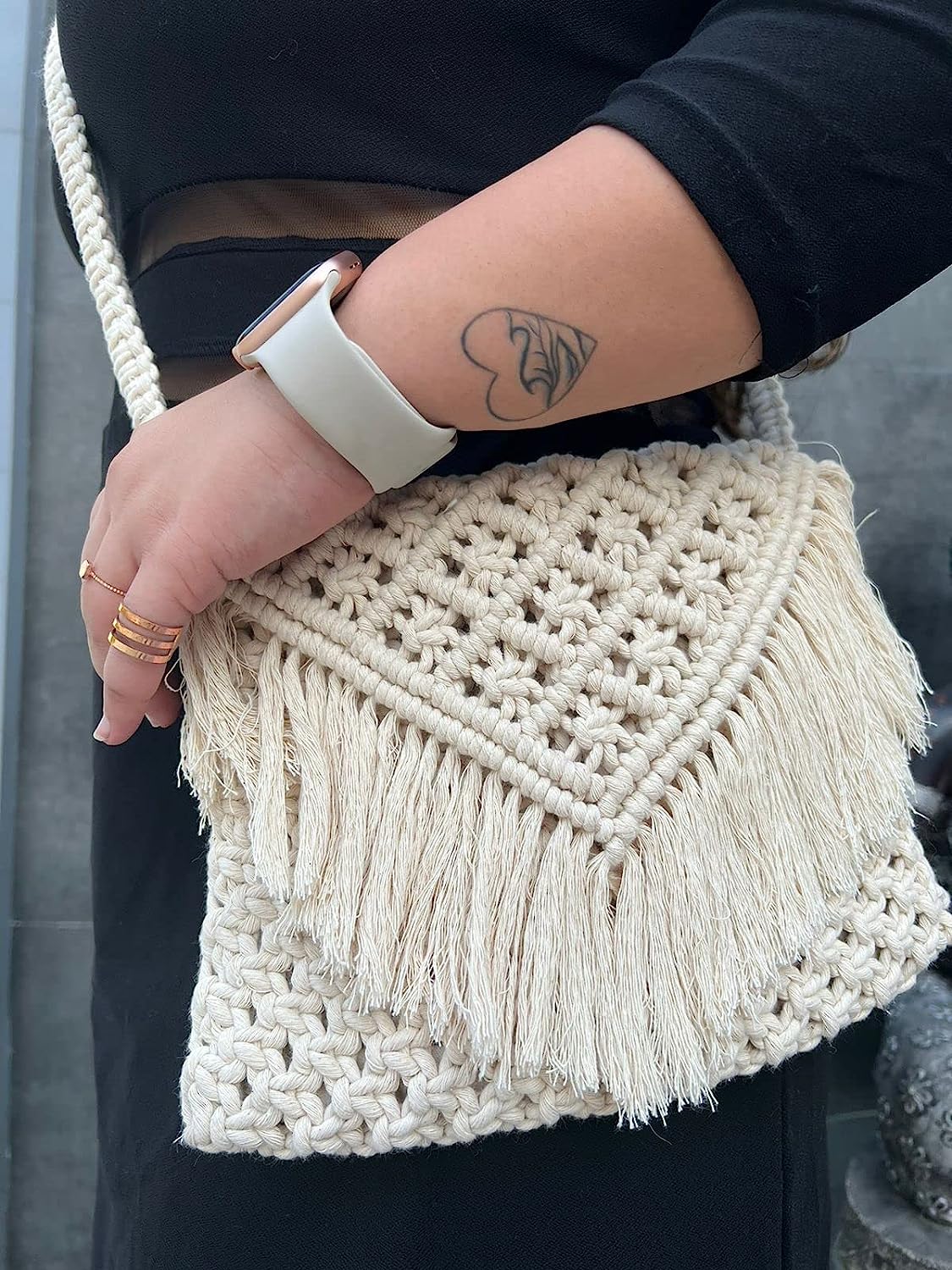 Macrame Women Girl Handmade Cotton Boho Crochet Beaded Large Natural White Sling Bag Fashion Gift