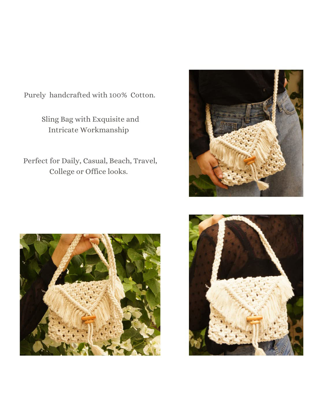 Women's Handmade Macrame Crossbody Sling Bags For Girls Cotton Boho Crochet Natural White Fashion Gift