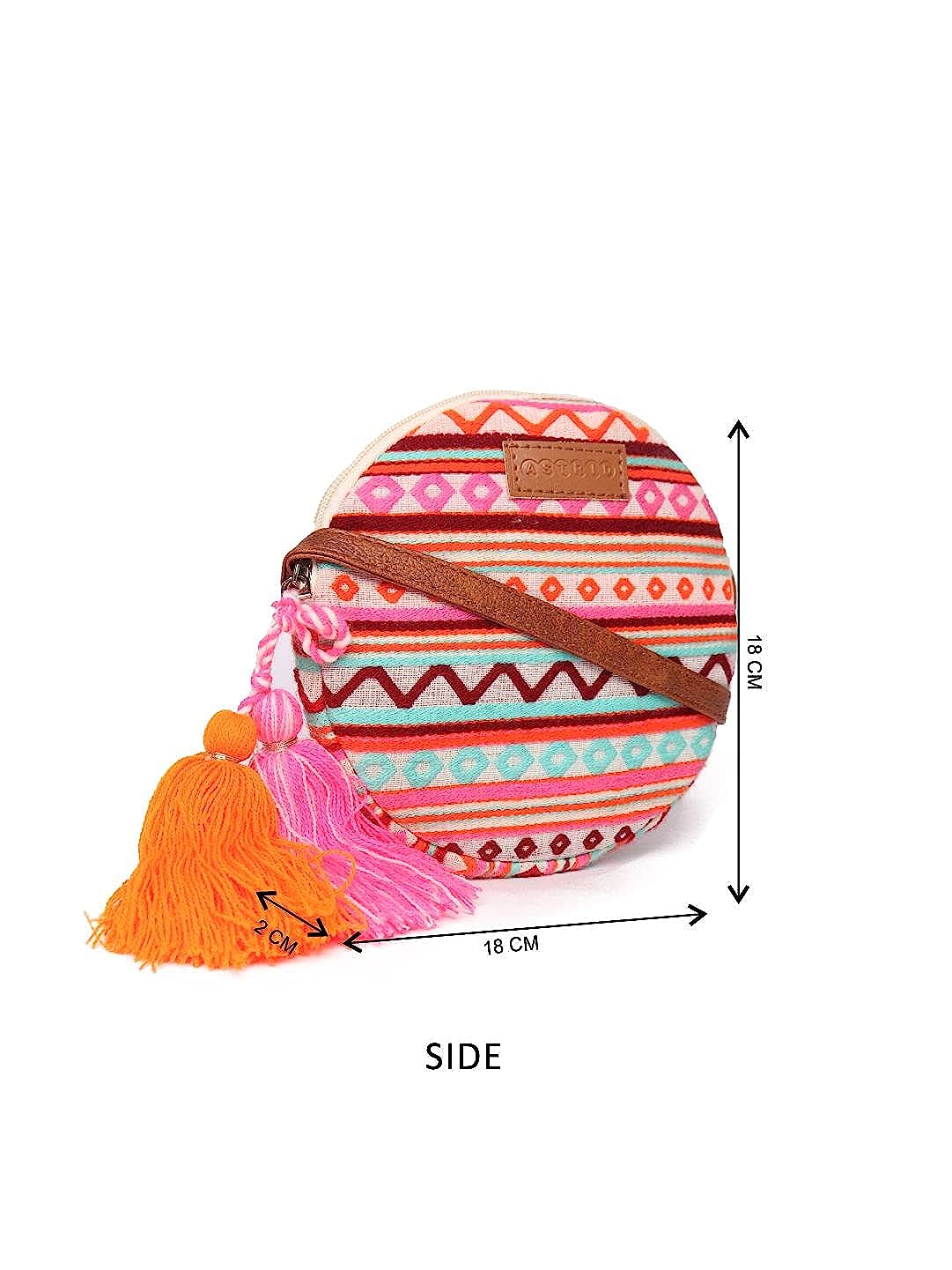 Multicolored Bohemian Style Women's Round Textured Hippie Sling Bag For Girls With Zip