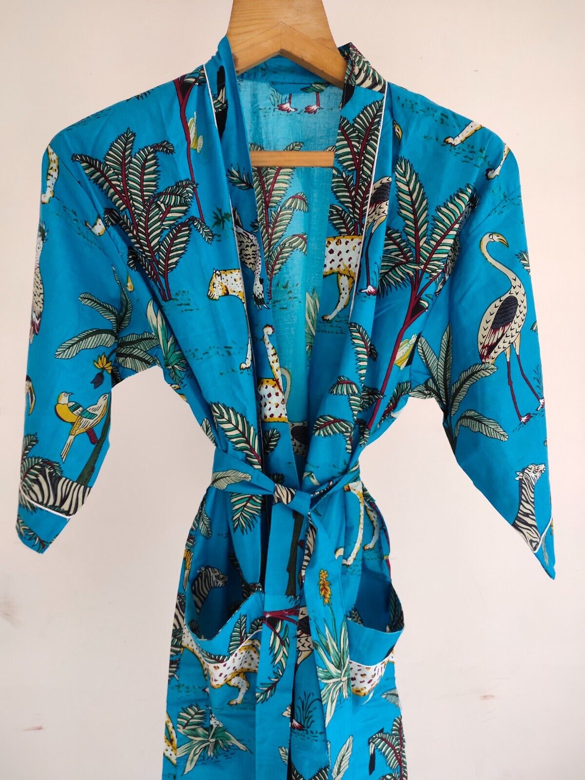 Cotton Blue Womens Long Kimono Robes Hippie Boho Bathrobe Maxi Floral Cotton Nightwear Dress