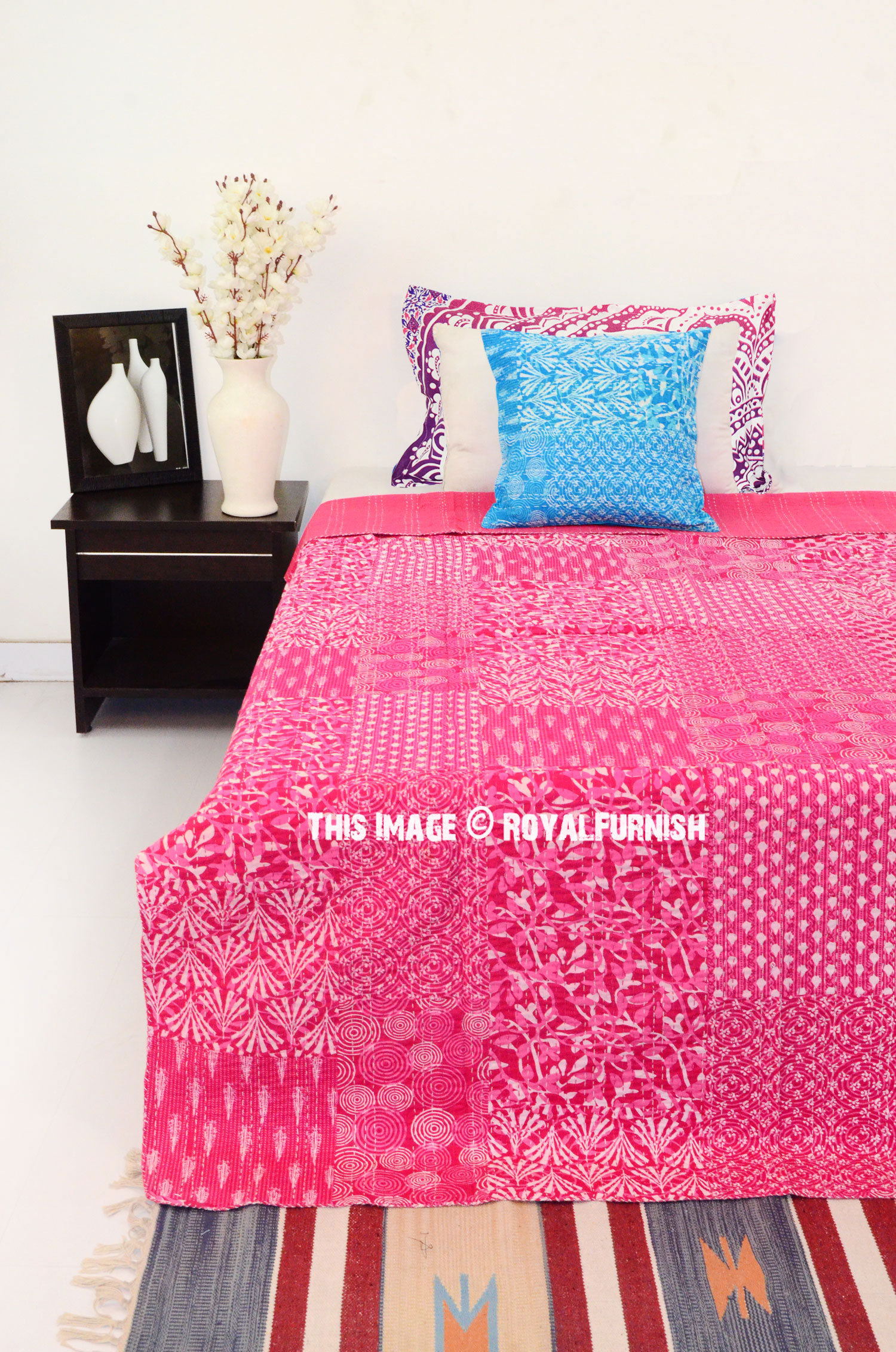 SOMUKARA Indian Hand Block Print Kantha Quilt Twin 90x60" | Cotton Bedspread Boho Decor Throw