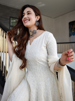 Indian Women Off White Chikankari Stitched Anarkali Gown Kurta Set with Dupatta Wedding Dress