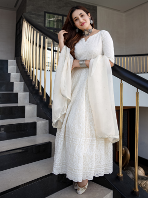 Indian Women White Stitched Anarkali Gown Kurta Set with Dupatta Wedding Dress