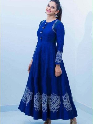 Women Blue Long Flared Kurti Kurta Traditional Designer Gown Anarkali Dress