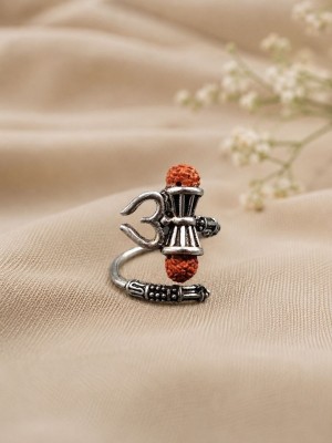 OM Design Rudraksha Trishul Damroo Designer Oxidized Silver Bahubali Shiva Ring Unisex Cuff Ring