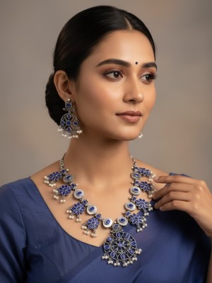 Blue & White Tribal Oxidized Adjustable Necklace Earring Set Asian Ethnic Jewelry Set