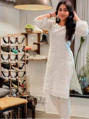 White Indian Pakistani Women Chikankari Kurti Set Salwar Kurta Pant Dress Suit New Set