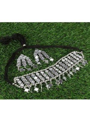 Women Ethnic Jewelry Afghani Silver Oxidized Mirror Choker Necklace Earrings Set