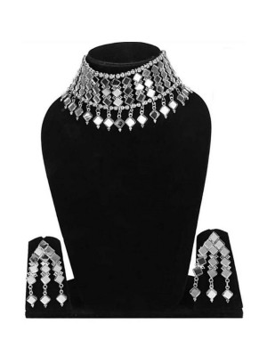 Women Ethnic Jewelry Afghani Silver Oxidized Mirror Choker Necklace Earrings Set