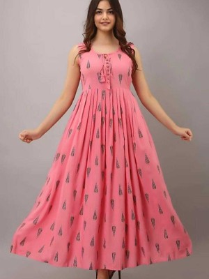 Women Pink Flared Anarkali Kurti Printed Sleeveless Kurta Partywear Long Gown