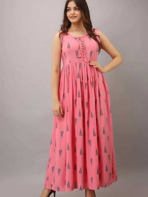 Women Pink Flared Anarkali Kurti Printed Sleeveless Kurta Partywear Long Gown