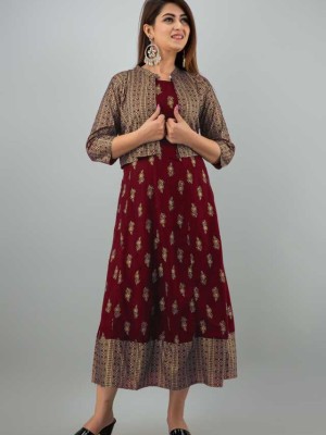 Maroon Women Flared Kurta Designer Jacket Anarkali Kurti Mini Midi Dress Gown Partywear