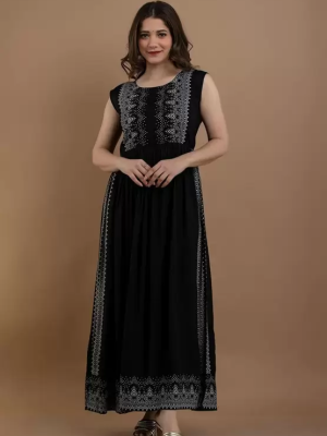 Black Sleeveless Nayra Cut Kurti Printed Tunic