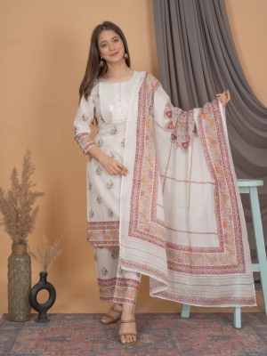 Cotton Off White Sequence Embroidery Salwar Kameez Ethnic Kurti Pant Dupatta Suit Set