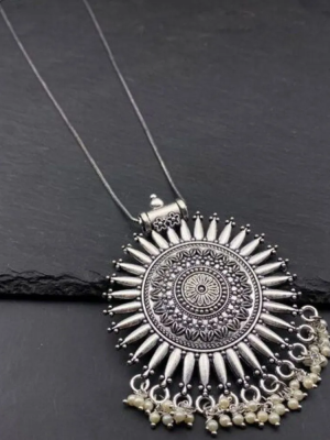 Sun Design Pendant Necklace with Jhumka Set Silver Plated Oxidized Chain Alloy