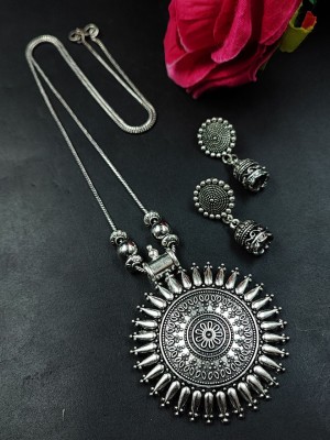 Sun Designer Pendant Chain with Jhumki Set Silver Plated Oxidized Necklace