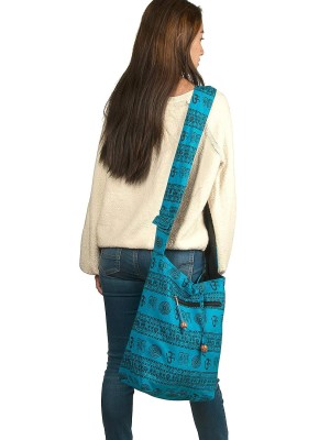 Blue Om Printed Cotton Hobo Crossbody Sling Shoulder Bag Boho Bag