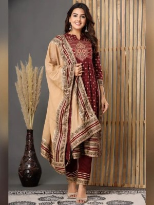 Maroon Indian Nayra Cut Readymade Ethnic Salwar Kameez Dupatta Kurti Pant Set Embroidered Printed Dress