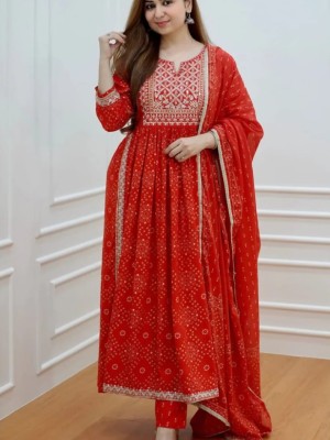 Red Nayra Cut Straight Kurti with Pant & Dupatta Indian Salwar Kameez Suit Set