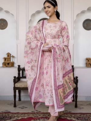 Pink Floral Print Anarkali Kurti with Pant & Dupatta Indian Salwar Kameez Suit Set