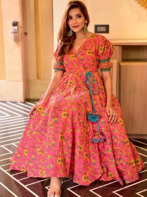 Pink Sunflower Print V-Neck Anarkali Kurti Gown Dress