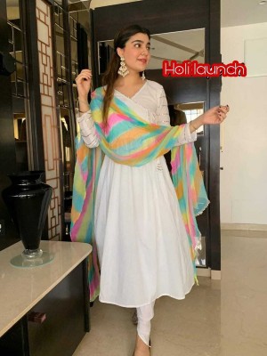 White Holi Special Indian Festival Dress Kurti Pant Dupatta Set Salwar Kameez