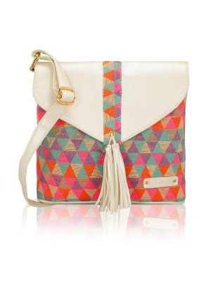 White & Orange Color Jacquard Stylish Sling Bag for Women & Girls Birthday Gift Shoulder Bag