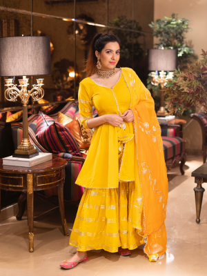 Yellow New Designer Flare Kurti Pant Palazzo Sharara Gharara Dupatta Set Wedding Salwar Kameez