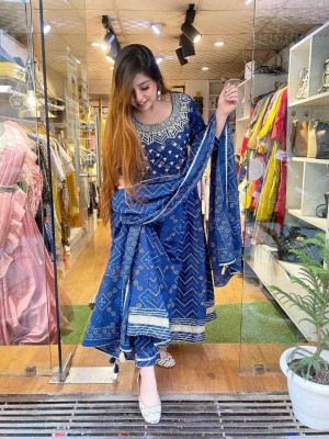 Blue Indian Pakistani Anarkali Kurti Pant Dupatta Flared Designer Salwar Kameez Dress