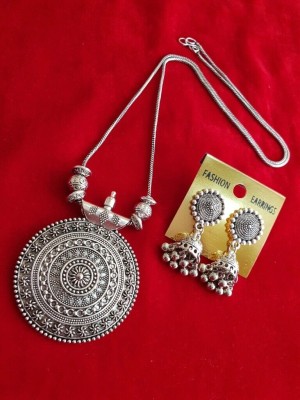 Beautiful Mandala Designer Pendant Necklace Earring Set Women Silver Plated Oxidized Chain Alloy