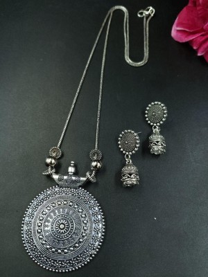 Mandala Designer Pendant Necklace Earring Set Women Silver Plated Oxidized Chain