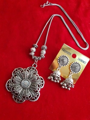 Flower Designed Pendant Necklace Earring Set Women Silver Plated Oxidized Chain Alloy