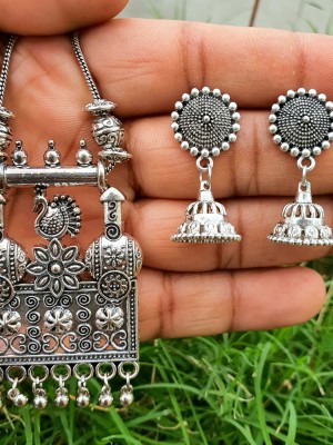 Traditional Rajasthani Vintage Design Pendant Necklace Earring Set Women Silver Plated Oxidized Chain Alloy