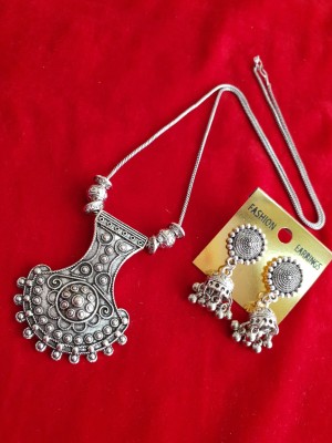 Shield Shaped Pendant Idol Necklace with Jhumka Set Silver Plated Oxidized Chain Alloy