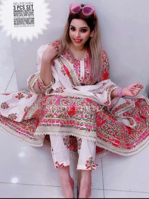 Pink Floral Indian Pakistani Anarkali Kurti Pant Dupatta Flared Designer Salwar Kameez Dress