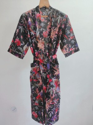 Cotton Black Bird Paradise Kimono Bathrobe Cardigan Nightwear Dressing Gown Beach Wear for Summer