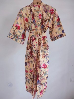 Cotton Light Yellow Bird Paradise Indian Printed Cotton Kimono Nightwear Robe Women Dress Gown Maxi