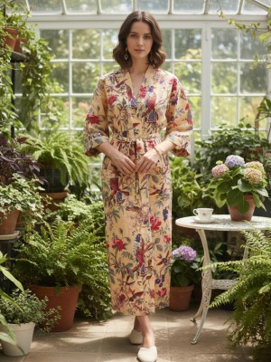Cotton Beige Bird Paradise Indian Printed Cotton Kimono Nightwear Robe Women Dress Gown Maxi