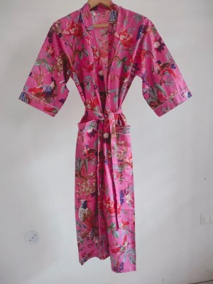 100% Cotton Pink Women Long Bohemian Hippie Bathrobe Kimono Dress Ethnic Gown Tops Floral Printed