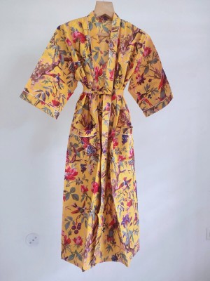 Pure Cotton Kimono Indian Handprinted Boho House Robe Summer Dress Bird Paradise Beach Coverup