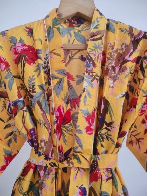 Pure Cotton Kimono Indian Handprinted Boho House Robe Summer Dress Bird Paradise Beach Coverup