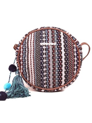 Brown Multi Women's Round Hippie Sling Bag with Pompoms