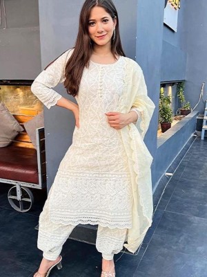 Indian Women White Stitched Straight Kurti Chikankari Kurta Set with Dupatta Wedding Dress